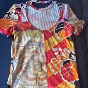 Desigual Ribbed Knit Top Women’s Small Multicolor Floral Patchwork Stretch